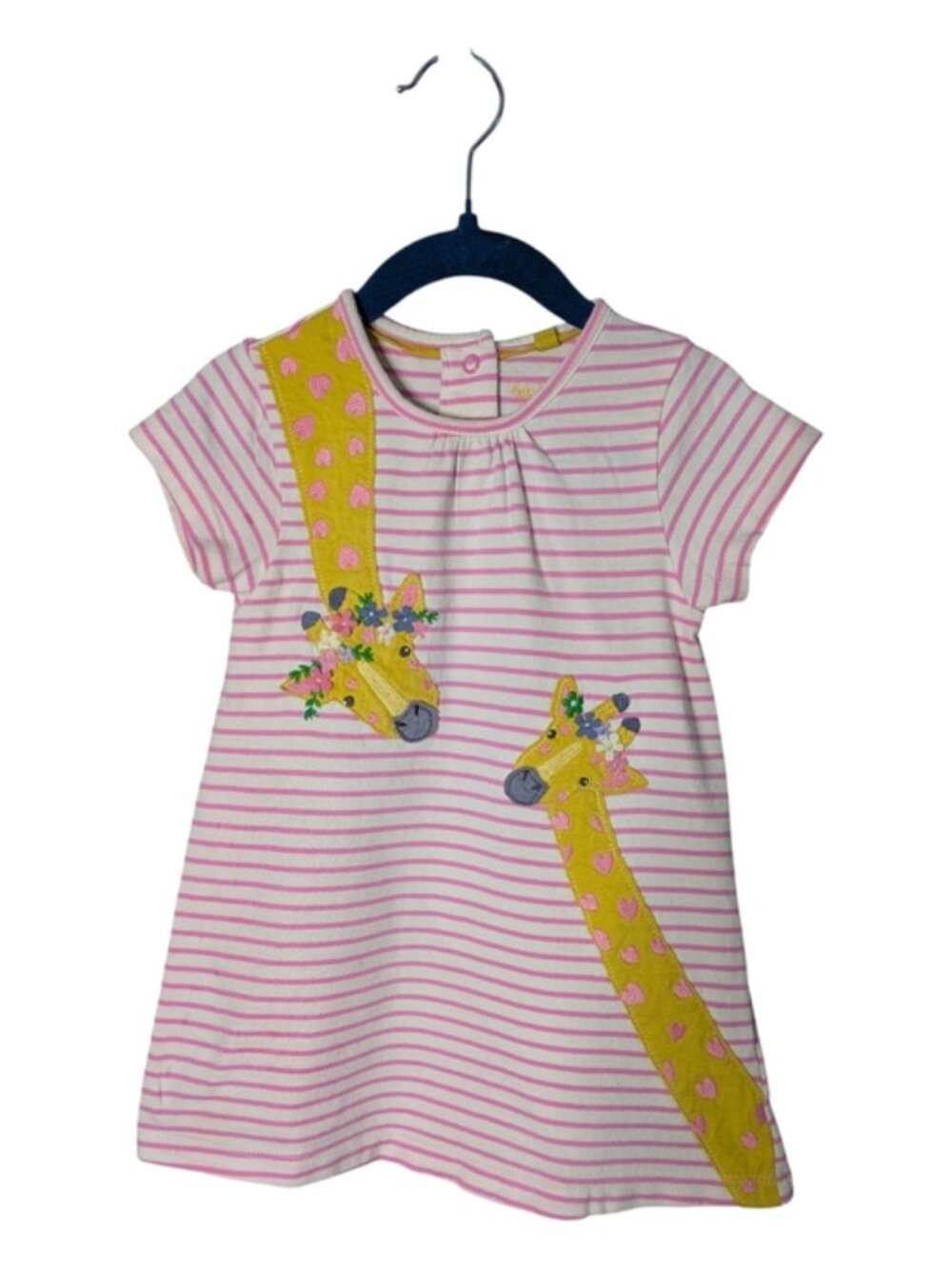 Baby Boden Giraffe Applique Dress Pink White Stripes Size 12-18 Months